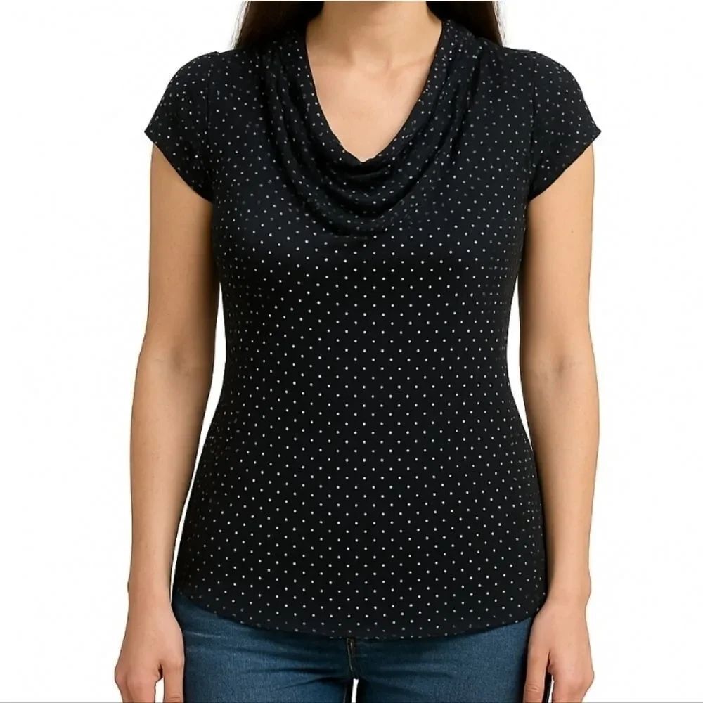 Banana Republic Black Dotted Cowlneck Cap Sleeve Top
